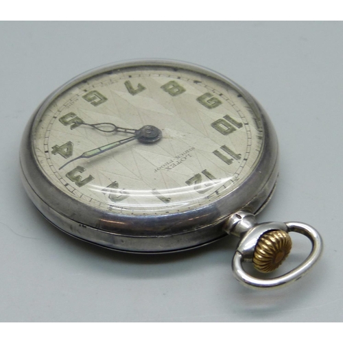 1052 - A .900 silver Omega pocket watch, case stamped Omega, movement stamped Omega, 15 jewels, adjusts to ... 