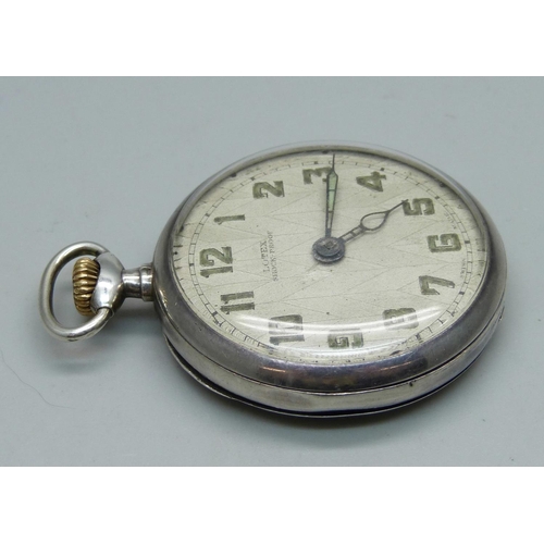 1052 - A .900 silver Omega pocket watch, case stamped Omega, movement stamped Omega, 15 jewels, adjusts to ... 