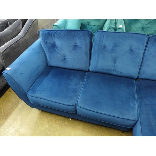 1336 - A Hoxton blue velvet upholstered RHF corner sofa/chaise RRP £1799