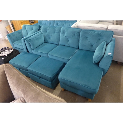 1499 - A Hoxton teal velvet upholstered RHF corner sofa/chaise and pair of footstools RRP £2717