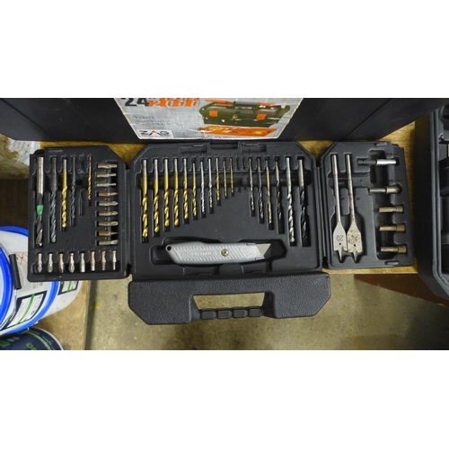 2037 - A Zag plastic toolbox with tools including Challenge Extreme drill and a Bosch bit set