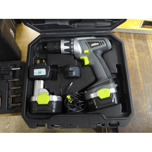 2037 - A Zag plastic toolbox with tools including Challenge Extreme drill and a Bosch bit set