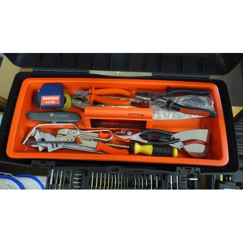 2037 - A Zag plastic toolbox with tools including Challenge Extreme drill and a Bosch bit set