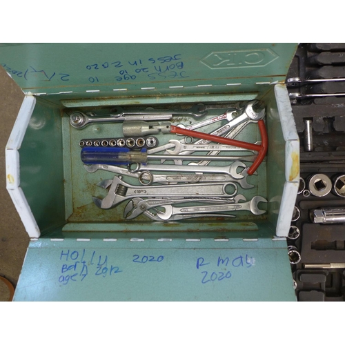 2039 - A socket set, cased and a metal toolbox with contents