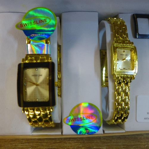 2136 - Two gold coloured Swiss line quartz movement lady's wristwatches and two silver coloured Swiss line ... 