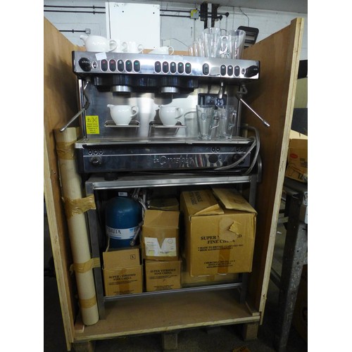 2215 - A La Cimbali M29-Selectron coffee machine complete with cups, saucers, latte glasses and a metal sta... 