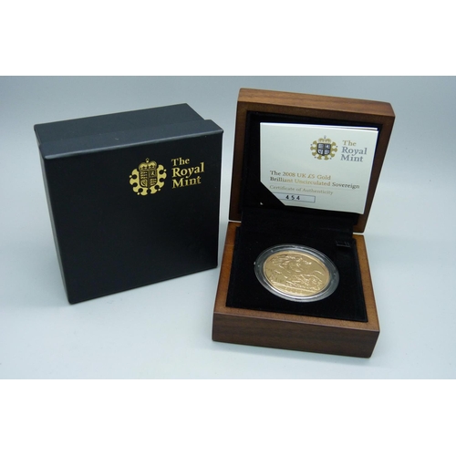 1016 - The Royal Mint 2008 £5 gold brilliant uncirculated sovereign, no. 454