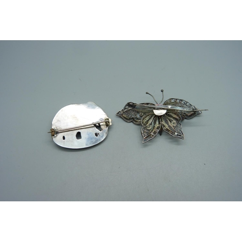 1031 - Two large vintage brooches, test as silver