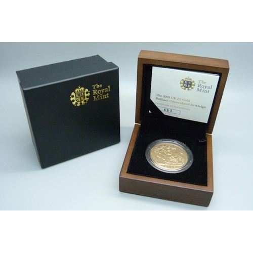 1047 - The Royal Mint 2008 UK £5 gold brilliant uncirculated sovereign, No.463