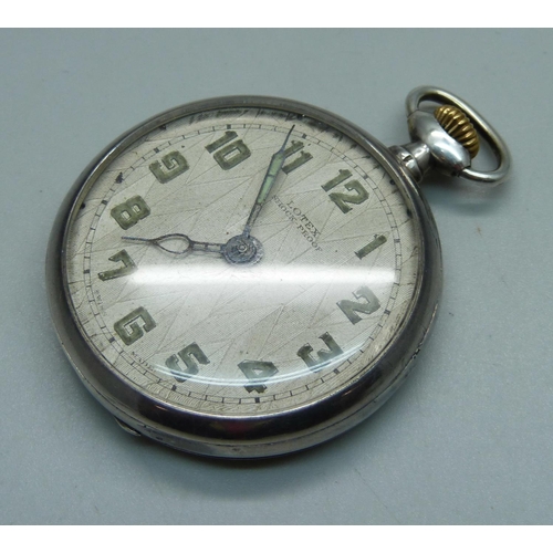 1052 - A .900 silver Omega pocket watch, case stamped Omega, movement stamped Omega, 15 jewels, adjusts to ... 