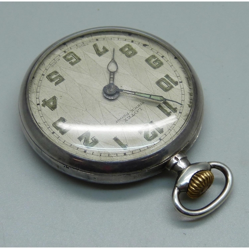 1052 - A .900 silver Omega pocket watch, case stamped Omega, movement stamped Omega, 15 jewels, adjusts to ... 