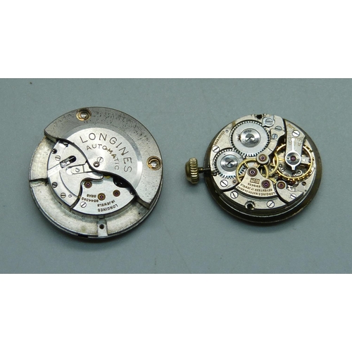 1053 - Two gentleman's Longines wristwatch movements, one manual and one automatic