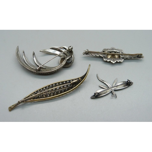 1064 - Four brooches, all test as silver, (two marked 925), 32g