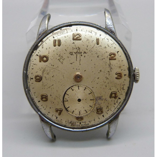 1065 - A gentleman's Cyma wristwatch, 30mm case, (lacking bezel and hands)