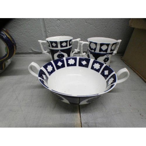 1091 - Two Royal Crown Derby unfinished two handled cup, a bowl, plated candlesticks, a glass bowl, a Mason... 