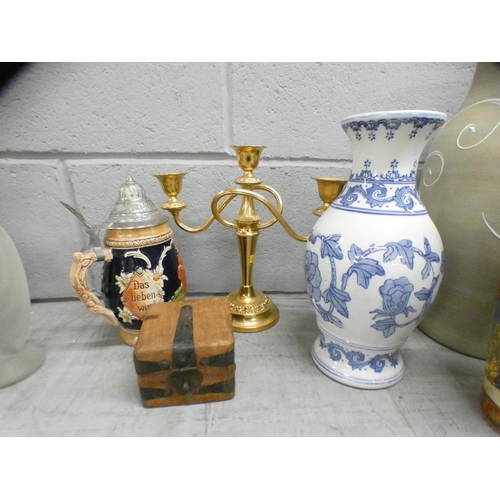 1098 - A collection of vases, stein, candelabra, crystal vase and cat figures **PLEASE NOTE THIS LOT IS NOT... 