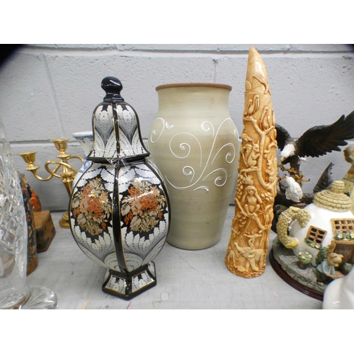 1098 - A collection of vases, stein, candelabra, crystal vase and cat figures **PLEASE NOTE THIS LOT IS NOT... 