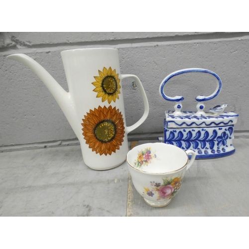 1121 - A collection of china and glass including a Meakin Studio coffee pot, a decorative blue and white ir... 