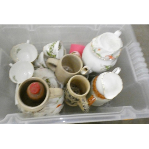 1128 - Three boxes of glassware, plated ware, a tray, steins, crested ware, etc. **PLEASE NOTE THIS LOT IS ... 