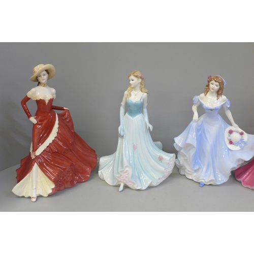 606 - Five Coalport figures, four boxed, (one second quality)