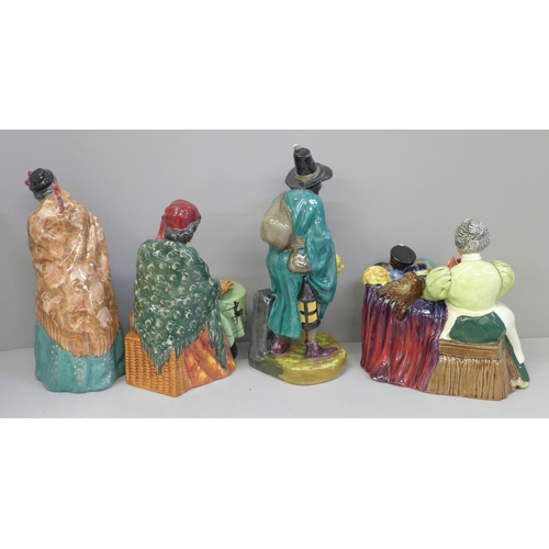 607 - Four Royal Doulton figures; Bridget, Fortune Teller, The Mask Seller and The Wardrobe Mistress