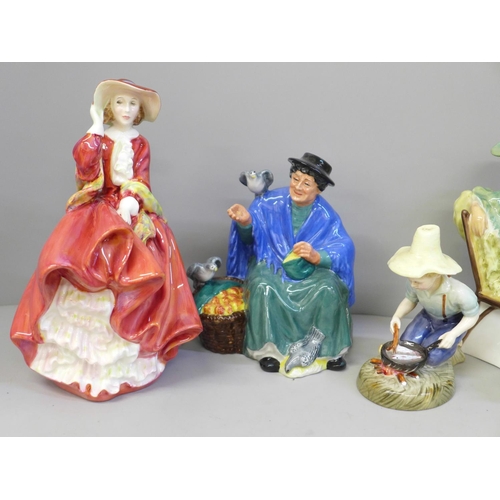 611 - Five Royal Doulton figures; Top o' the Hill, Tuppence a Bag, River Boy, Ascot and Nanny