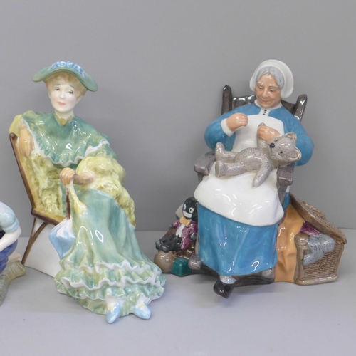 611 - Five Royal Doulton figures; Top o' the Hill, Tuppence a Bag, River Boy, Ascot and Nanny