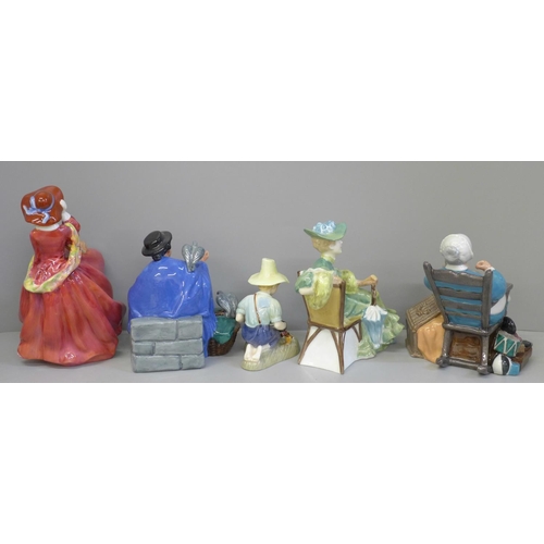 611 - Five Royal Doulton figures; Top o' the Hill, Tuppence a Bag, River Boy, Ascot and Nanny