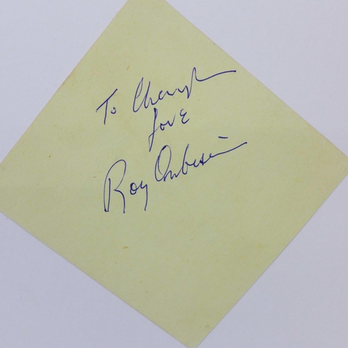 647 - Pop music, a Roy Orbison autograph and clipping display