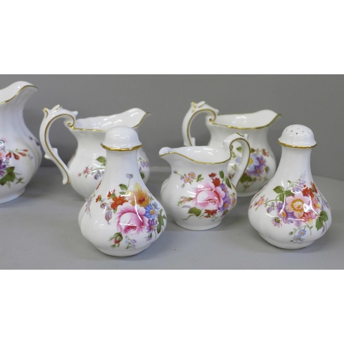 678 - Royal Crown Derby Derby Posies china, salt and pepper pots, a set of jugs, etc.