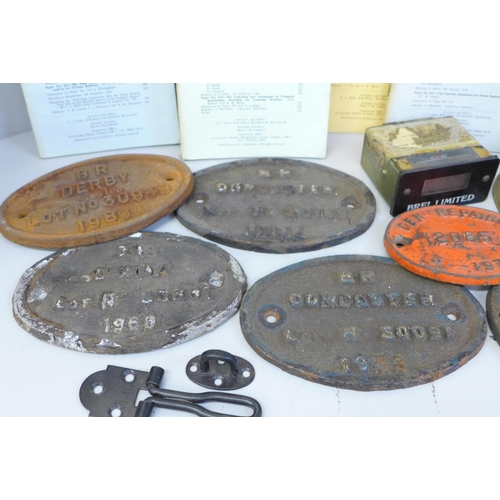 683 - Seven Rolling Stock engine plates, brass B.R gauge, etc.