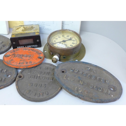 683 - Seven Rolling Stock engine plates, brass B.R gauge, etc.