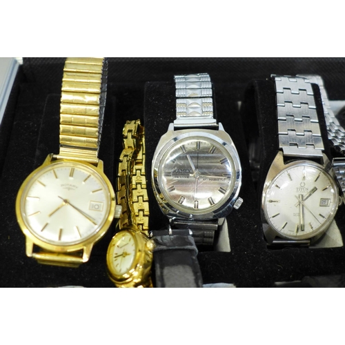 700 - A case of wristwatches including Tara, Rotary, Mondaine, Newark and Titus