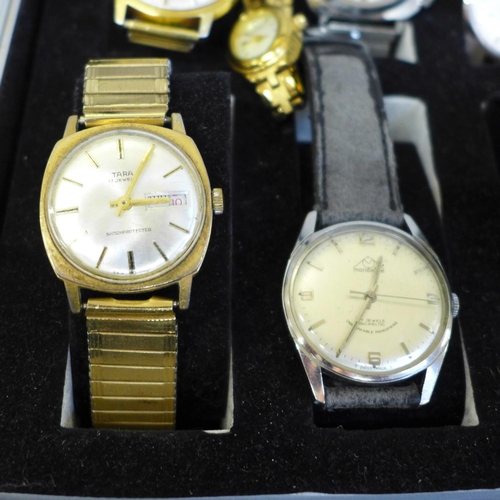 700 - A case of wristwatches including Tara, Rotary, Mondaine, Newark and Titus