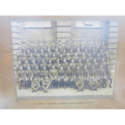 721 - A WWI framed photograph no.2 Troop 'C' Squadron, 3rd Reserve Cavalry Regiment, Aldershot, a WWII kit... 