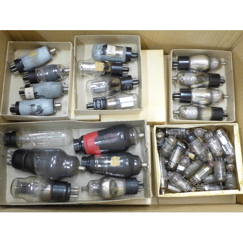 726 - A collection of post war mid-20th Century valves including KT66, Osram, etc.