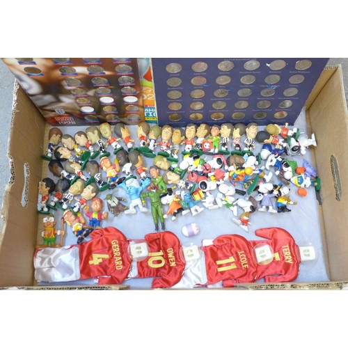 736 - Two boxes of figures and medal sets, including football figures, etc.