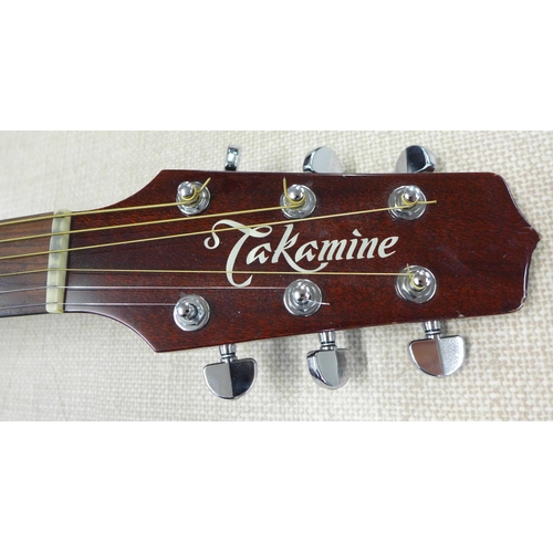 767 - A Takamine electro-acoustic guitar, EF340SC TBS, with a hard case and CT-4BII active pre-amp