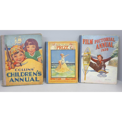 775 - Three vintage annuals; The Prize, 1925, Collins Children's Annual, 1931 and Film Pictorial Annual, 1... 