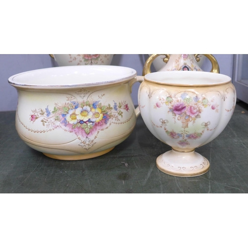 785 - A pair of Crown Devon Fieldings blush ivory vases, chamber pot and one other lidded vase **PLEASE NO... 