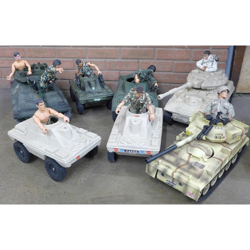 793 - Seven 1970s-80s Action Man tanks and eight vintage Action Man dolls