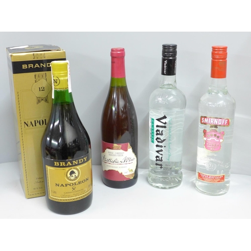 807 - Four bottles of wines and spirits; Napoleon brandy, Smirnoff Vodka, Vladivar vodka and Australian Sh... 