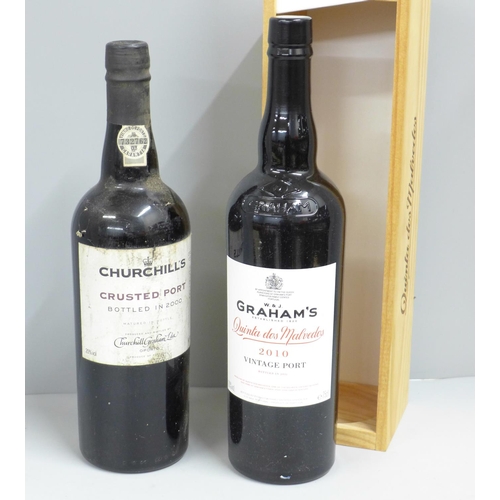 808 - A bottle of Graham's Vintage Port 2010 wtih box and a bottle of Churchill's Crusted Port 2000