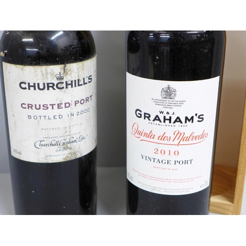 808 - A bottle of Graham's Vintage Port 2010 wtih box and a bottle of Churchill's Crusted Port 2000