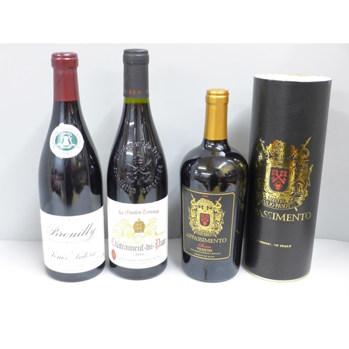 809 - Three bottles of red wine; Mastro Giulo Pasotti Appassimente, boxed, a bottle of Le Moulin Teroud Ch... 