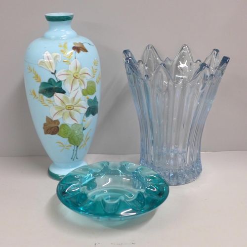 819 - A 19th Century blue opaline glass vase decorated with flowers, a turquoise glass ashtray and a pale ... 