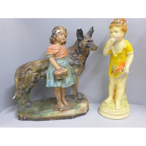 820 - Two Art Deco chalk figures, girl with German Shepherd and girl with flowers, both with chips