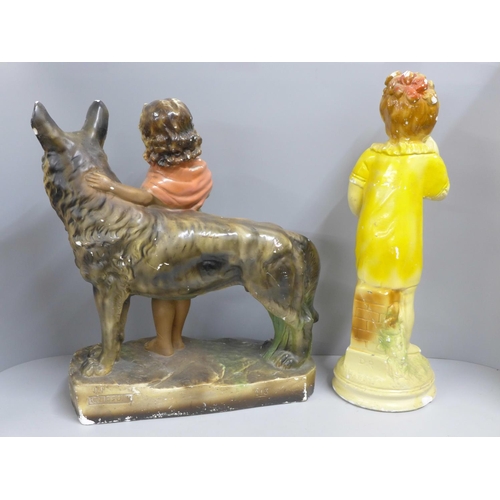 820 - Two Art Deco chalk figures, girl with German Shepherd and girl with flowers, both with chips