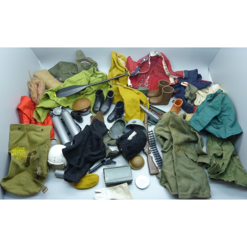 828 - A collection of Action Man 1960s clothes and accessories including rifle rack, helmets, guns, dinghy... 