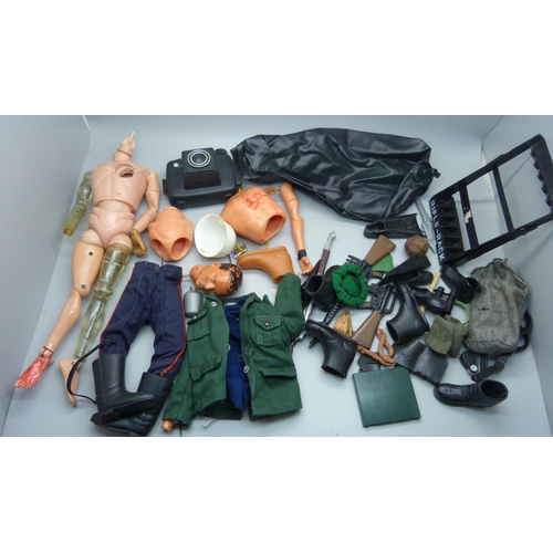 828 - A collection of Action Man 1960s clothes and accessories including rifle rack, helmets, guns, dinghy... 